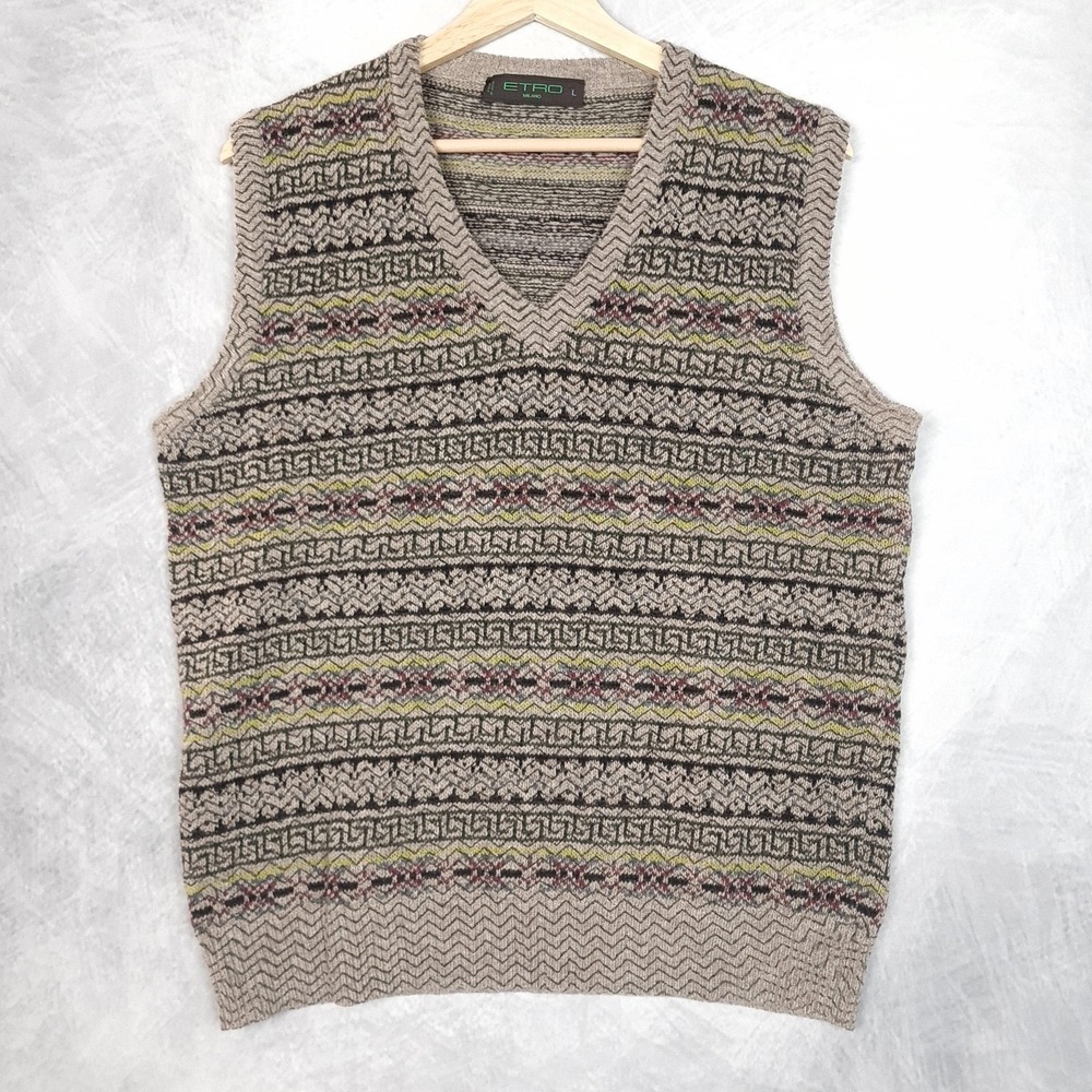 ETRO Sweater Vest Mens Large Beige 100% Wool V Neck Fair Isle Knit Made Italy